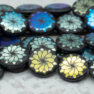17mm jet black AB Czech coin bead with laser etched dahlia flower design