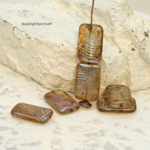 topaz Picasso Czech rectangle beads 19x12mm laser etched AB fern glass beads