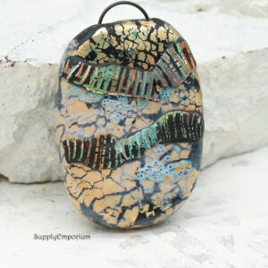 blue gold earthy crackle polymer clay pendant with embedded black iron bail loop