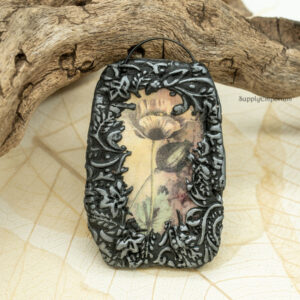 polymer clay pendant freeform vintage flower image faux solder frame 59x38mm handmade