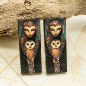 polymer clay owl woman long drop earring charms woodland fantasy set of 2