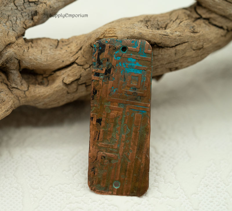 Copper Connector, 2 Hole Pendant, Patinaed and Embossed Connector, 53x21mm, LC12