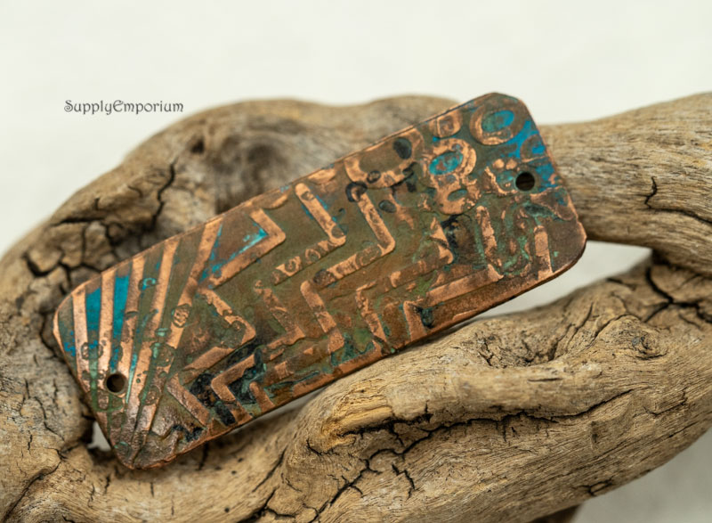 Copper Connector, 2 Hole Pendant, Patinaed and Embossed Connector, 53x21mm, LC11