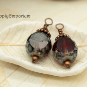 Wire Wrapped Czech Glass Bead Charms - Red Picasso Table Cut Round (2 Pieces)