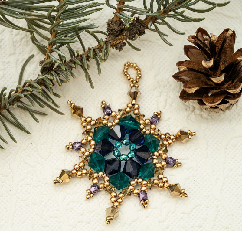 Beaded Christmas Ornament / Suncatcher / Pendant – Purple, Green and Gold Snowflake Star (Approx. 2 3/4") (1 piece) ORN11