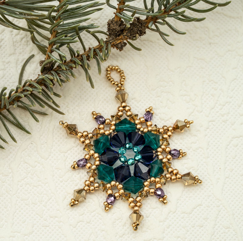 Beaded Christmas Ornament / Suncatcher / Pendant – Purple, Green and Gold Snowflake Star (Approx. 2 3/4") (1 piece) ORN11 - Image 2