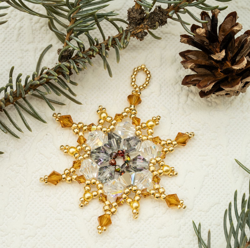 Beaded Christmas Ornament / Suncatcher / Pendant – Gold Snowflake Star (Approx. 2 3/4") (1 piece) ORN12