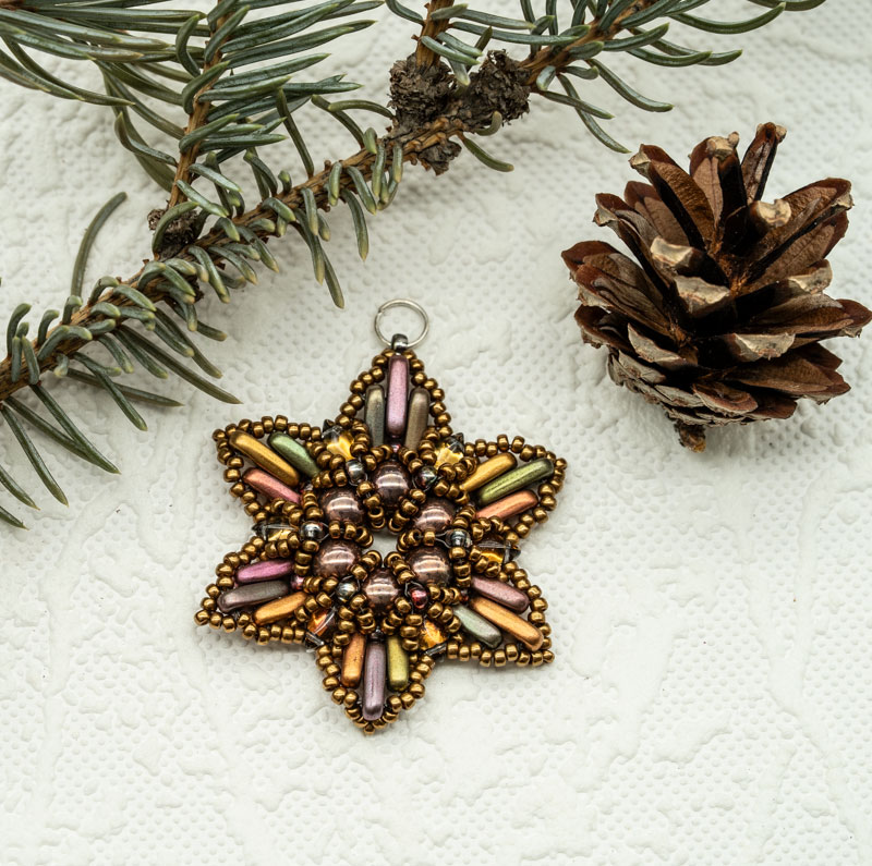 Beaded Christmas Ornament / Suncatcher / Pendant – Bronze/Copper Snowflake Star (Approx. 2") (1 piece) ORN15