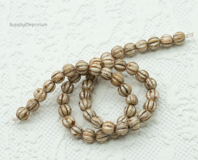 op luster Picasso Czech melon beads 5mm ribbed round glass beads neutral tones