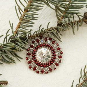 red white beaded round ornament suncatcher pendant handmade