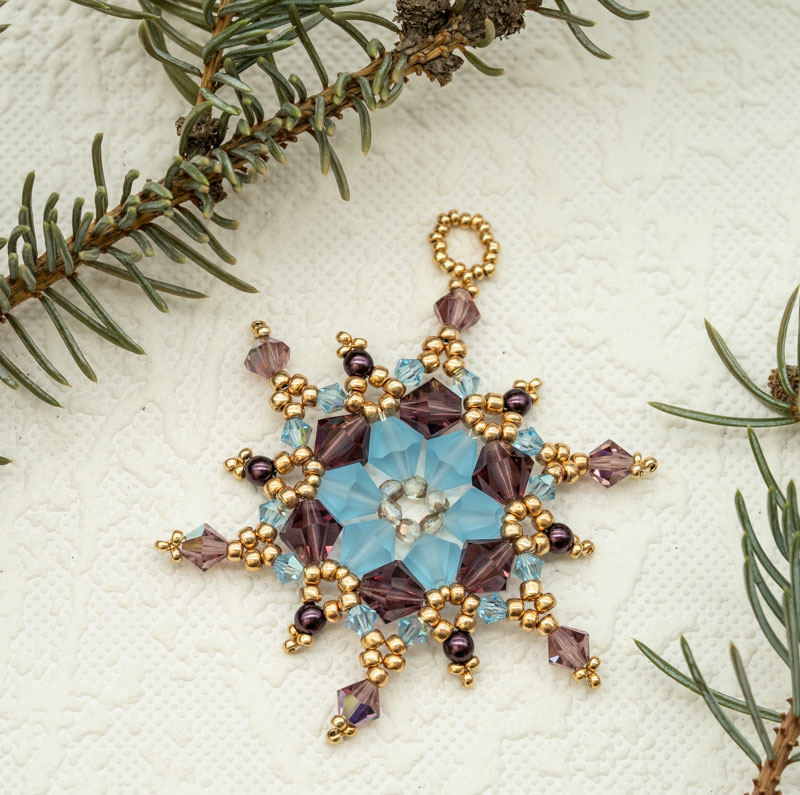 Beaded Christmas Ornament / Suncatcher / Pendant – Purple, Blue and Gold Snowflake Star (Approx. 2 3/4") (1 piece) ORN19