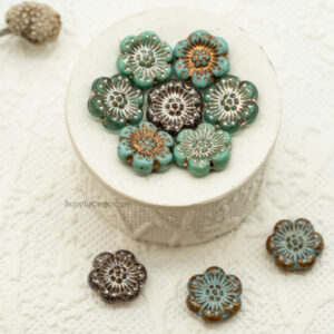 14mm czech wild rose beads blues mix 10 pieces