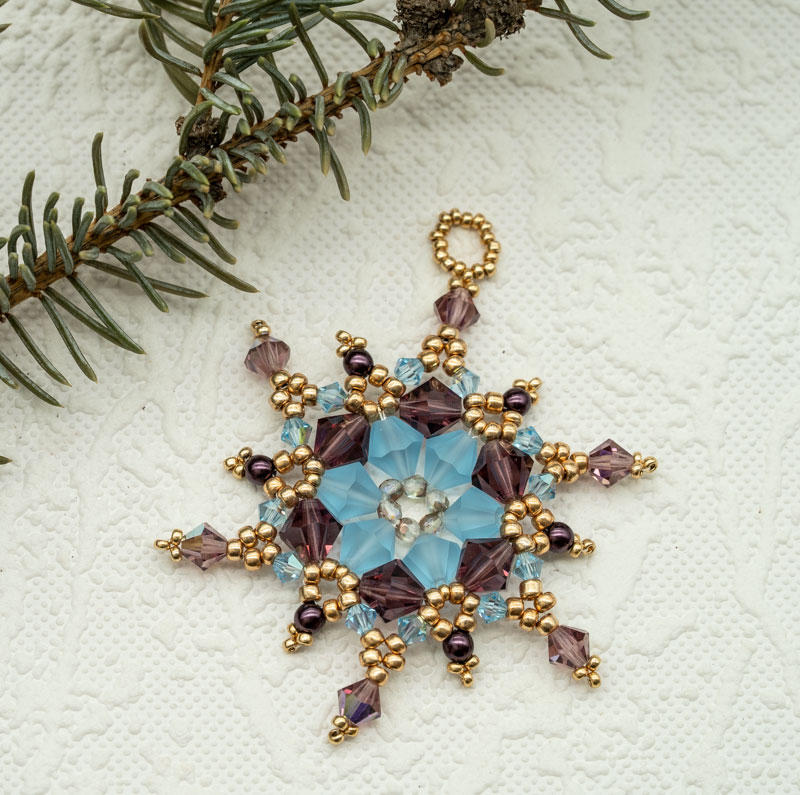 Beaded Christmas Ornament / Suncatcher / Pendant – Purple, Blue and Gold Snowflake Star (Approx. 2 3/4") (1 piece) ORN19 - Image 2
