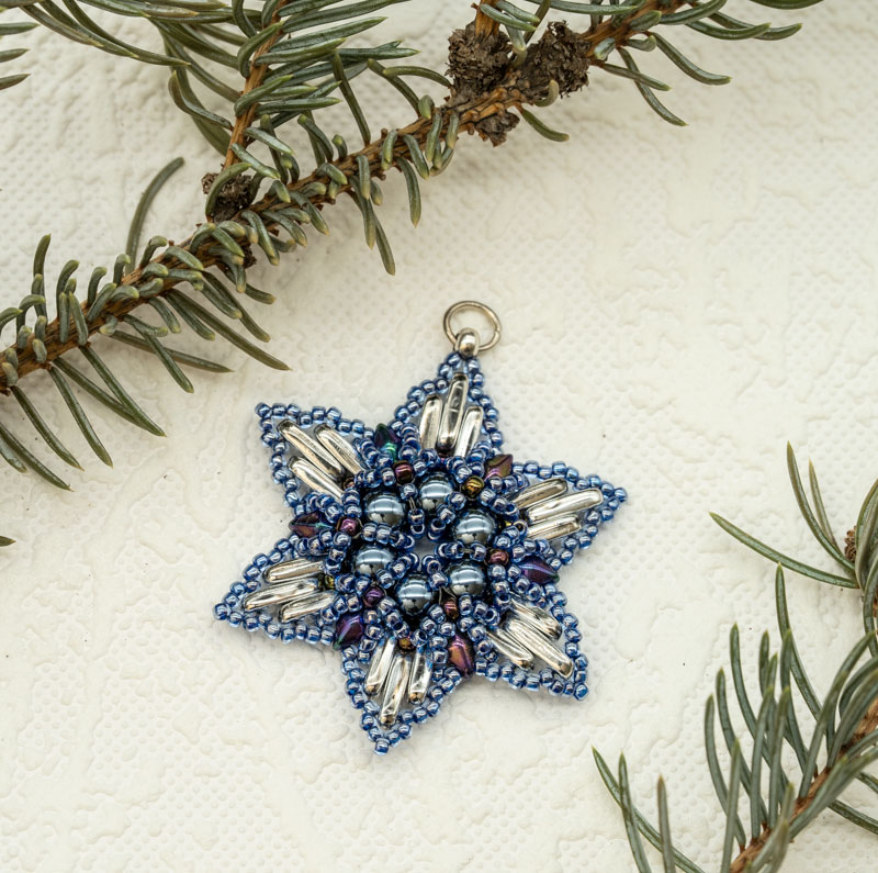 Beaded Christmas Ornament / Suncatcher / Pendant – Blue Snowflake Star (Approx. 2") (1 piece) ORN22