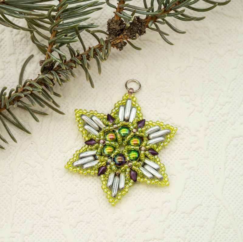 Beaded Christmas Ornament / Suncatcher / Pendant – Purple, Chartreuse, Silver Snowflake Star (Approx. 2") (1 piece) ORN23 - Image 2