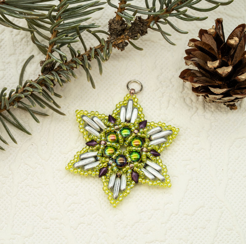 chartreuse purple silver beaded star ornament