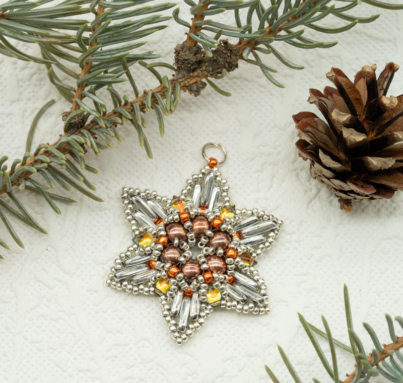 Beaded Christmas Ornament / Suncatcher / Pendant – Copper Snowflake Star (Approx. 2") (1 piece) ORN25