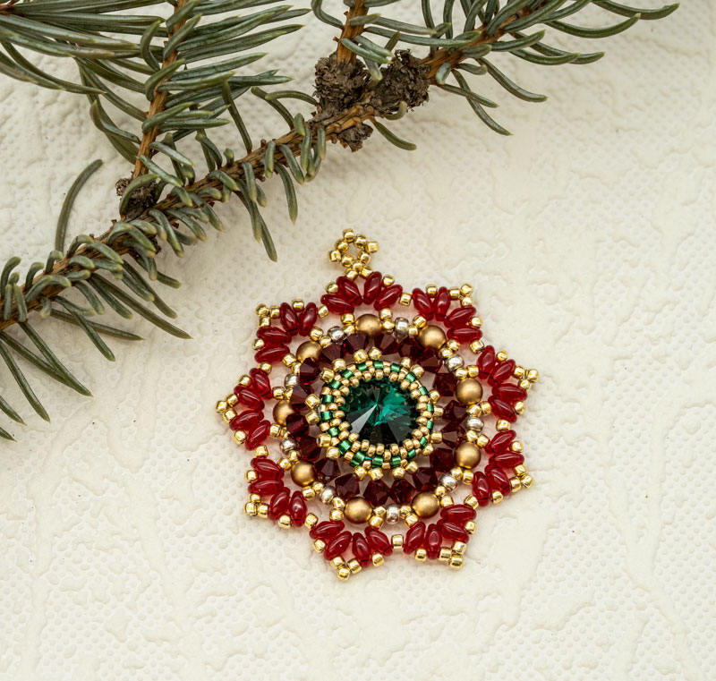 Beaded Christmas Ornament / Suncatcher / Pendant – Red, Green, Gold Snowflake Design (Approx. 2") (1 piece) ORN3 - Image 2