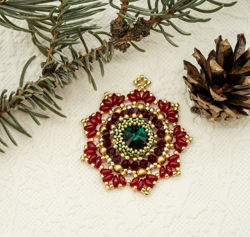 Beaded Christmas Ornament / Suncatcher / Pendant – Red, Green, Gold Snowflake Design (Approx. 2") (1 piece) ORN3
