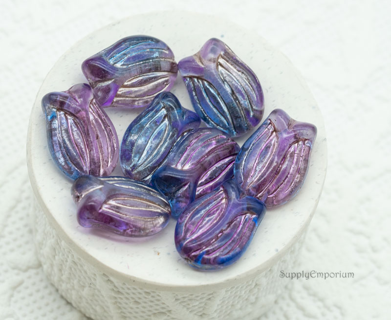 Czech Tulip Beads – Fuchsia Sapphire Metallic Wash – 16x11mm (8 Pieces) - 5309RA - Image 2