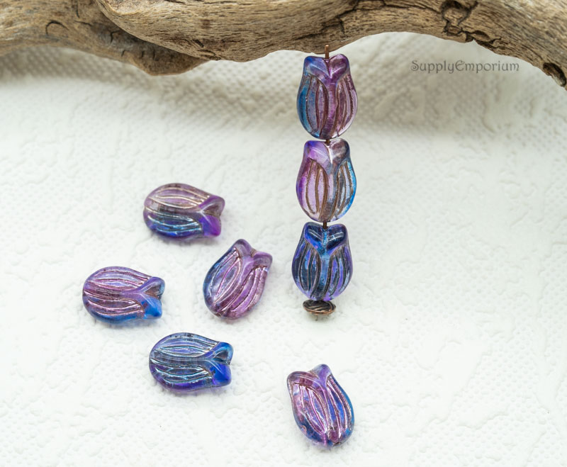 Czech Tulip Beads – Fuchsia Sapphire Metallic Wash – 16x11mm (8 Pieces) - 5309RA - Image 6