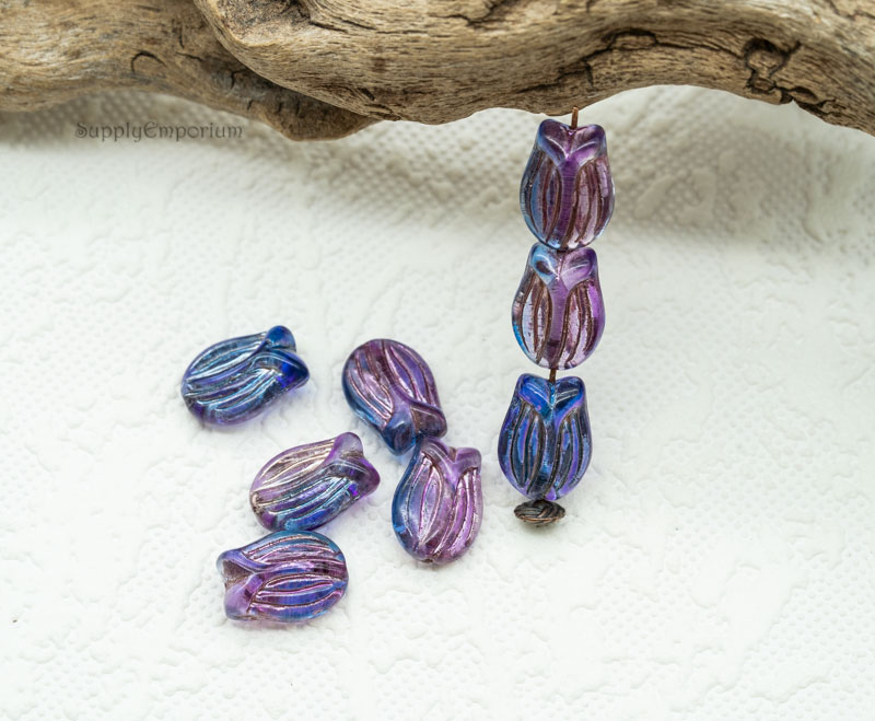 Czech Tulip Beads – Fuchsia Sapphire Metallic Wash – 16x11mm (8 Pieces) - 5309RA - Image 3