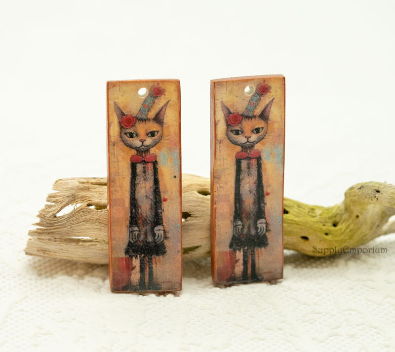 Polymer Clay Cat Earring Charms, Long Dangle Charms, 2 Pieces, Clay 5451