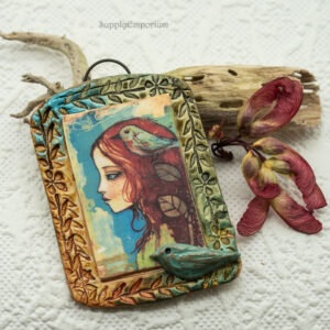 polymer clay face pendant girl with bird