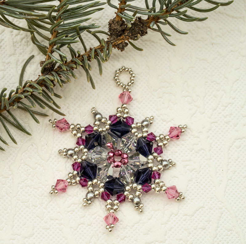 Beaded Christmas Ornament / Suncatcher / Pendant – Purple, Pink and Silver Snowflake Star (Approx. 2 3/4") (1 piece) ORN4 - Image 2