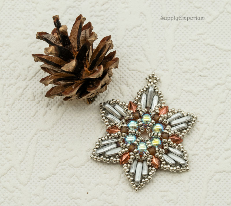Beaded Christmas Ornament / Suncatcher / Pendant – Copper Silver Snowflake Star (Approx. 2") (1 piece) ORN27