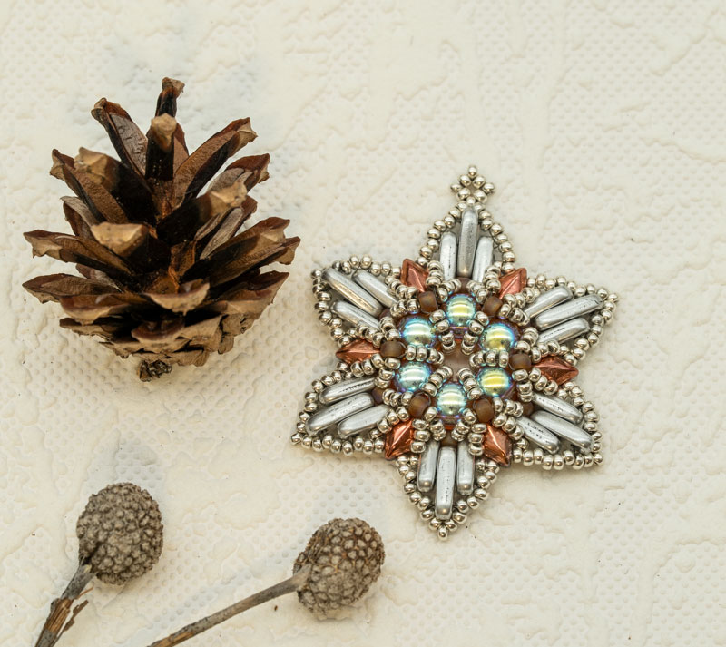 Beaded Christmas Ornament / Suncatcher / Pendant – Copper Silver Snowflake Star (Approx. 2") (1 piece) ORN27 - Image 2