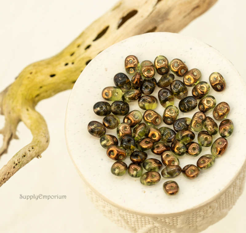 2.5x5mm Olivine Semi Bronze Luster Czech SuperDuo two hole beads 10 grams