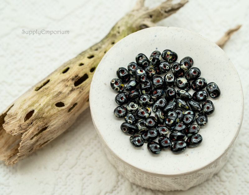 2.5x5mm Czech SuperDuo Black Picasso 2-Hole Czech Glass Beads