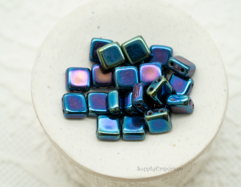 6mm CzechMates Tile Iris Blue 2 Hole Czech Glass Beads