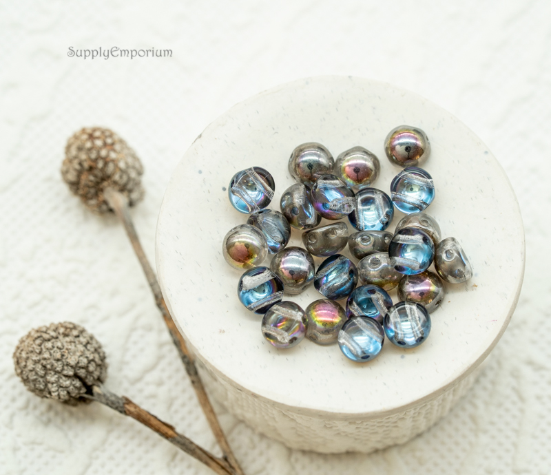 6mm Czech 2 Hole Cabochon Crystal Graphite Rainbow Czech Glass Beads