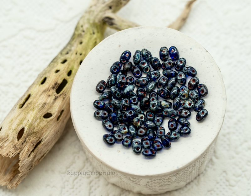 2x4mm Czech MiniDuo Cobalt Picasso 2-hole Czech glass beads